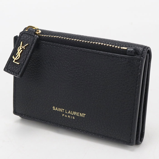 【美品】 サンローラン 607925 コンパクトウォレット 三つ折り財布 黒 SAINT LAURENT 中古 サンローラン 三つ折り財布 レディース ブランド