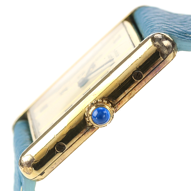 カルティエ Cartier 腕時計 レディース 590005 マスト タンク ヴェルメイユ LM 縦ローマ シルバー925 社外ベルト未使用 クオーツ アイボリーxブルー アナログ表示 TANK（Cartier） 中古 カルティエ Cartier マスト タンク ヴェルメイユ