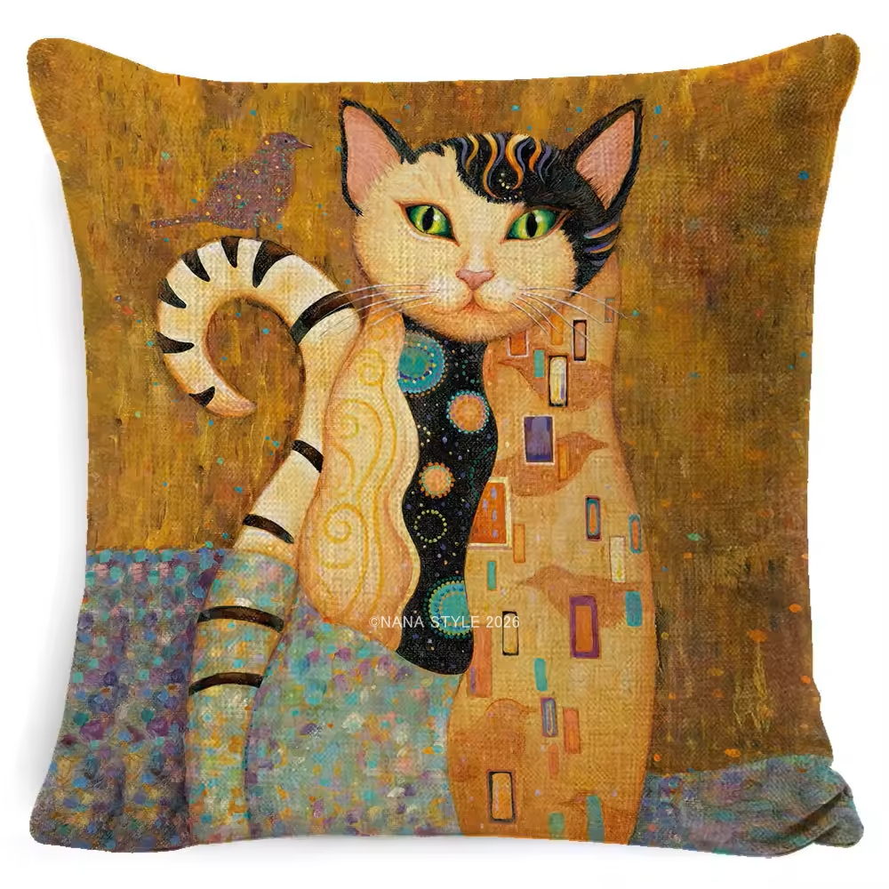 クッションカバー 油絵風 猫 ネコ 45×45センチ 全6種類 ファスナー付き