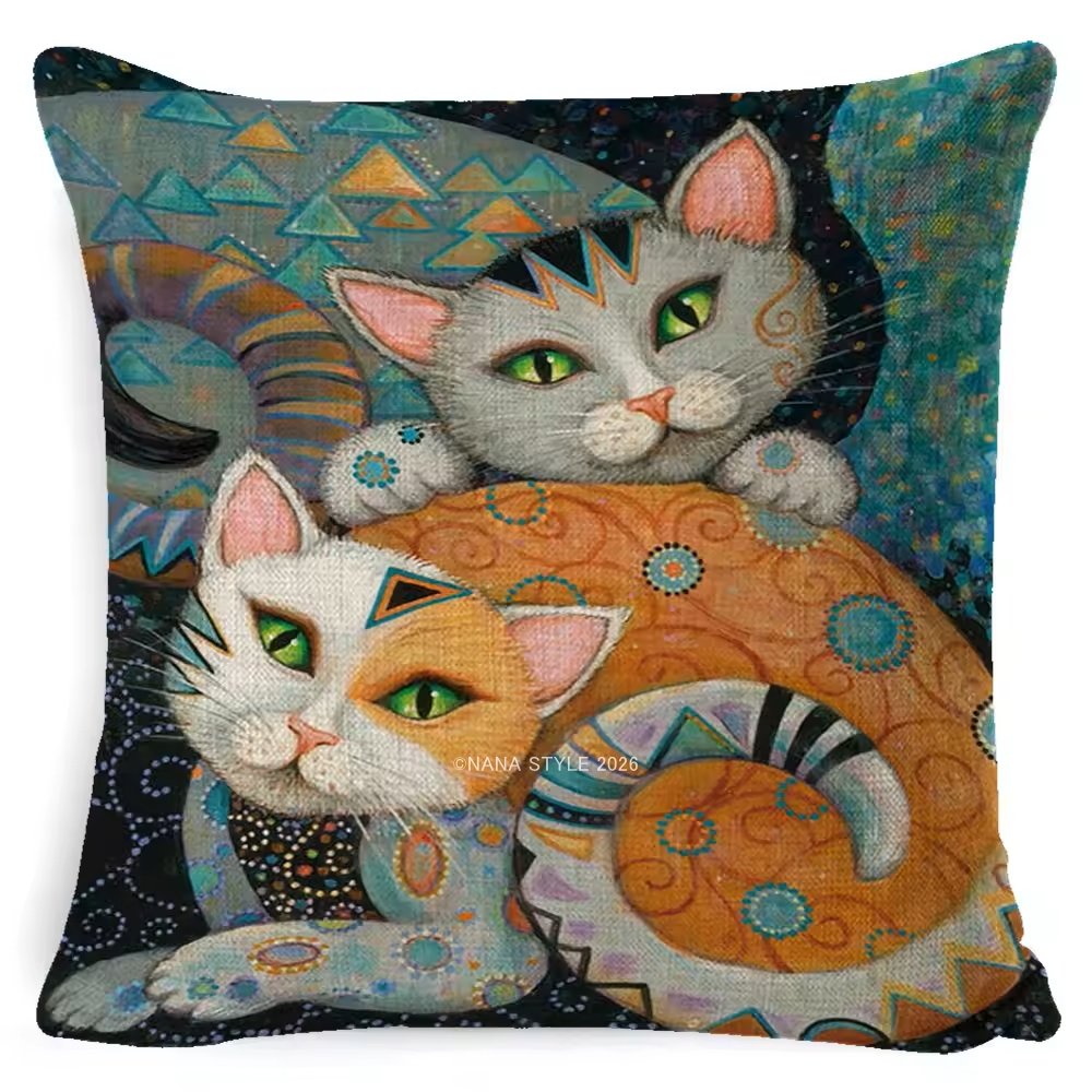 クッションカバー 油絵風 猫 ネコ 45×45センチ 全6種類 ファスナー付き