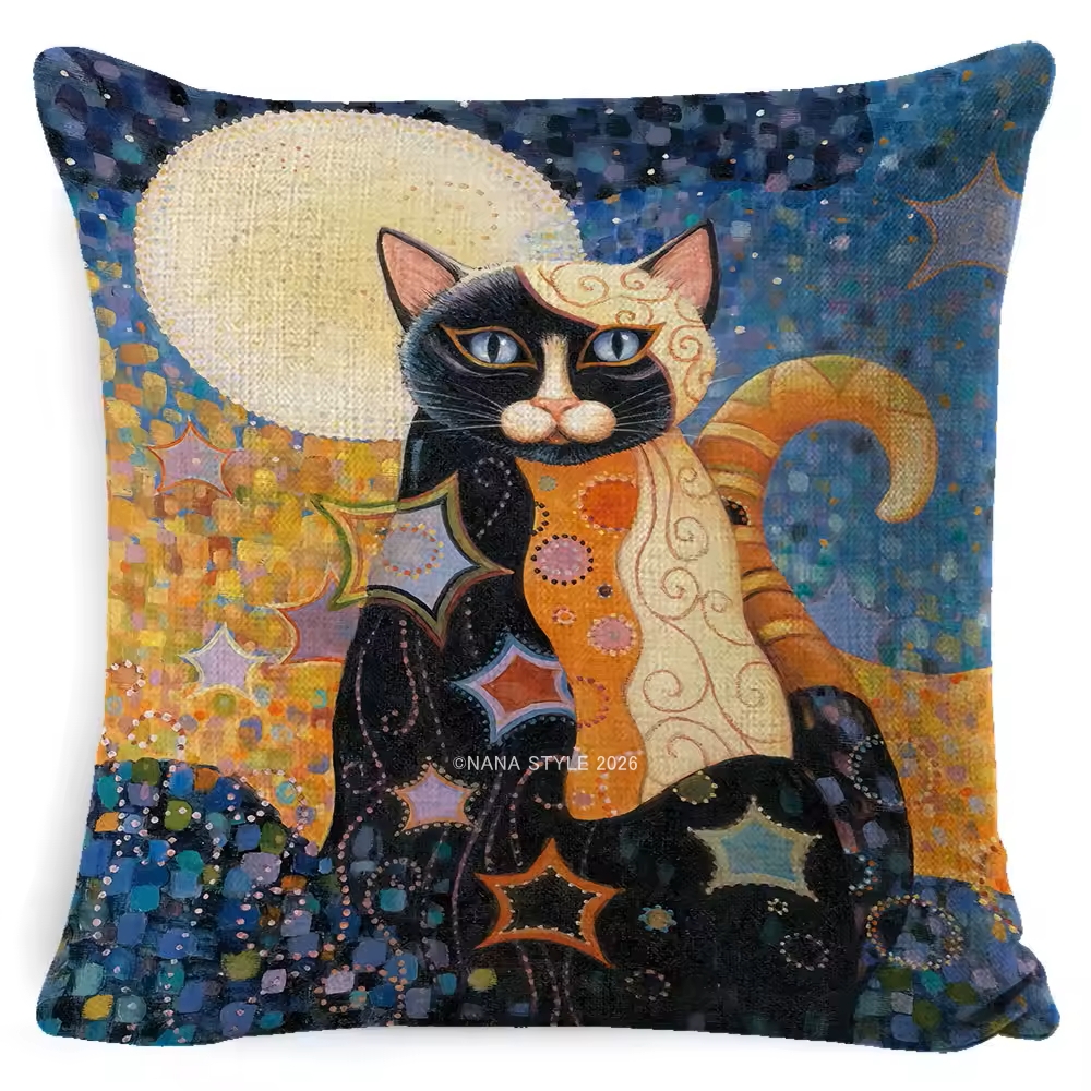 クッションカバー 油絵風 猫 ネコ 45×45センチ 全6種類 ファスナー付き