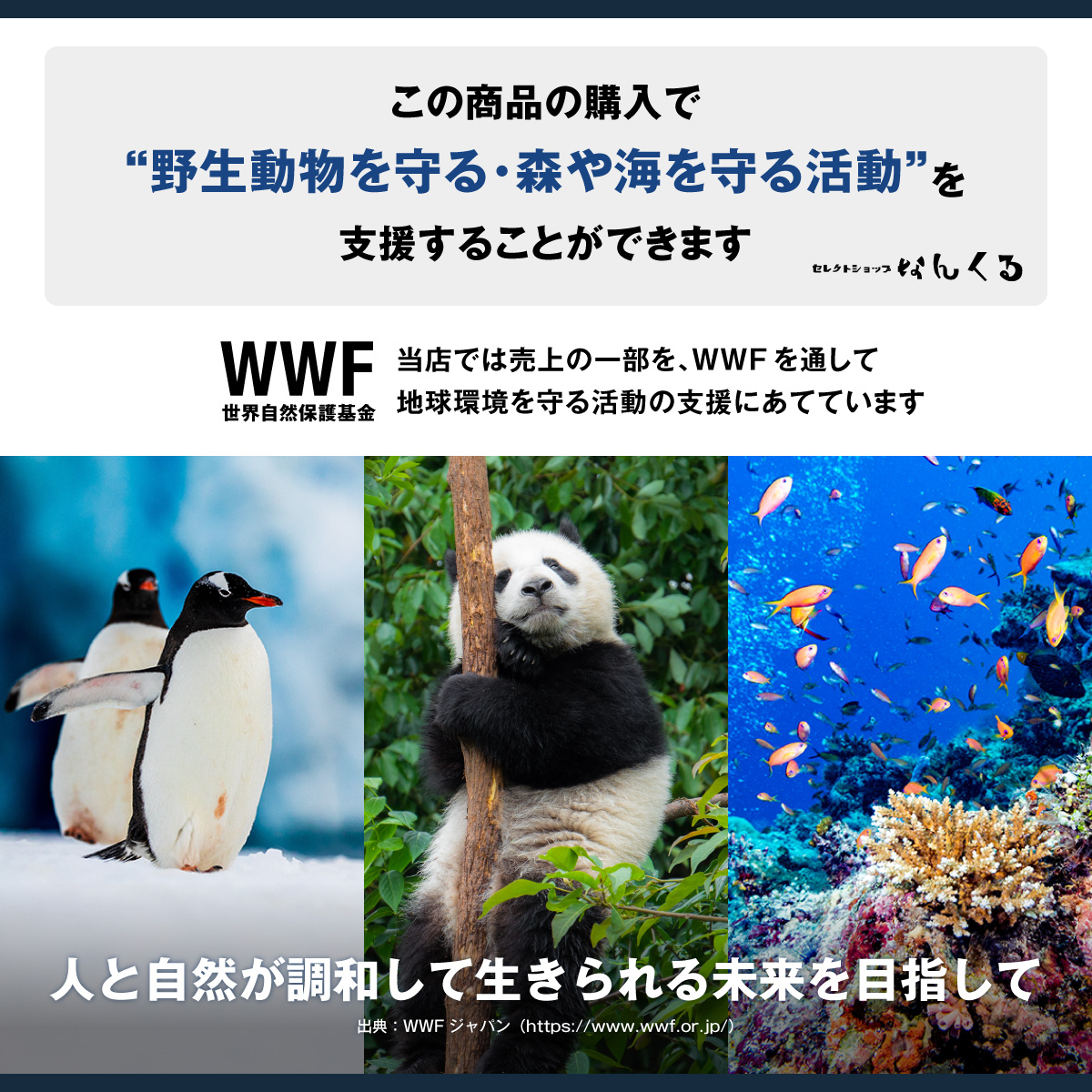 この商品の購入で「野生動物を守る・森や海を守る活動」を支援することができます。WWF 世界自然保護基金 当店では売上の一部を、WWFを通して地球観光を守る活動の支援にあてています