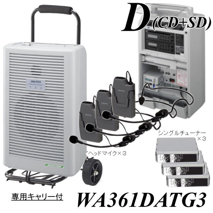 無線式ヘッドマイク3本付属の多機能(SD＆CDデッキ内蔵)アンプセット WA361DA-TG3｜nanzu