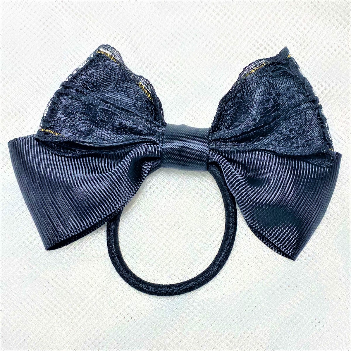 ハロウィンリボンヘアゴムNo.18☆ファブリック☆シフォンリボン☆ブラック ハロウィンリボンヘアゴムNo.18☆ファブリック☆シフォンリボン☆ブラック