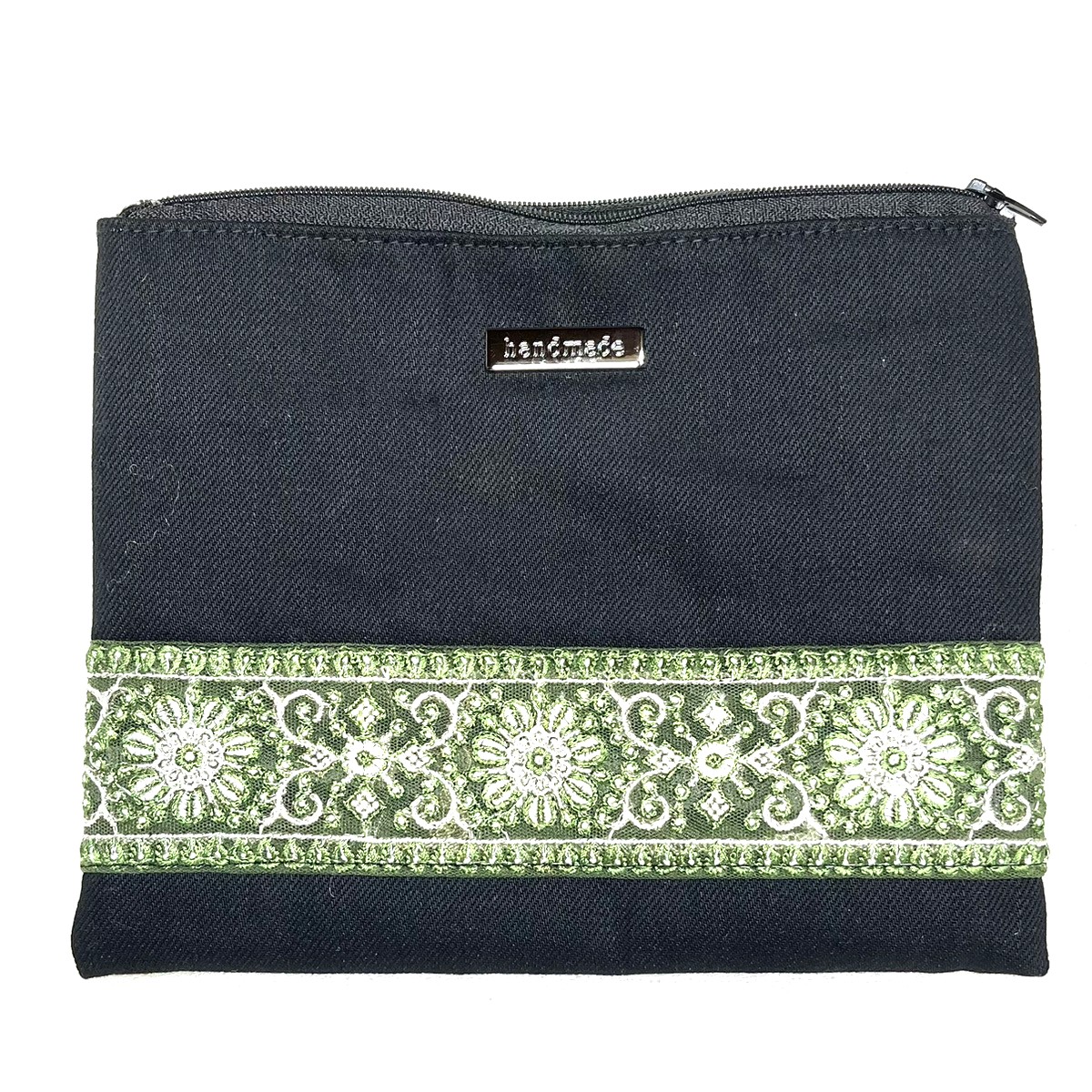 ブラックデニム生地にレースリボンのポーチ ファスナーポーチ 幅20cm