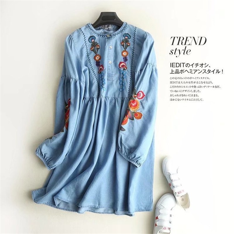 デニムワンピース ワンピース ひざ丈 夏 刺繍 ワンピース レディース 夏服 花柄 膝丈 ワンピース デニム デニムワンピ 長袖 薄手 体型カバー 代 30代 40代 Xlyq1507 Mm Shop 通販 Yahoo ショッピング