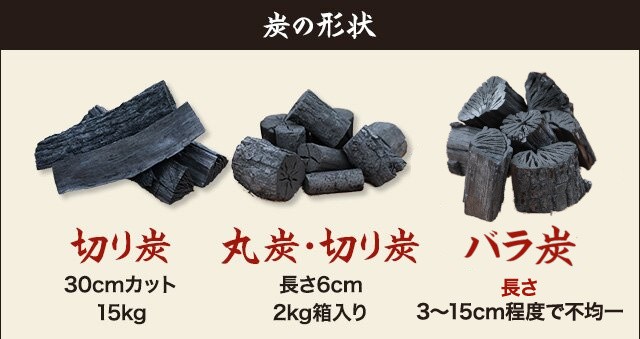 炭の形状〜切り炭（30cmカット）/丸炭・切り炭（長さ6cm、2kg）/バラ炭）