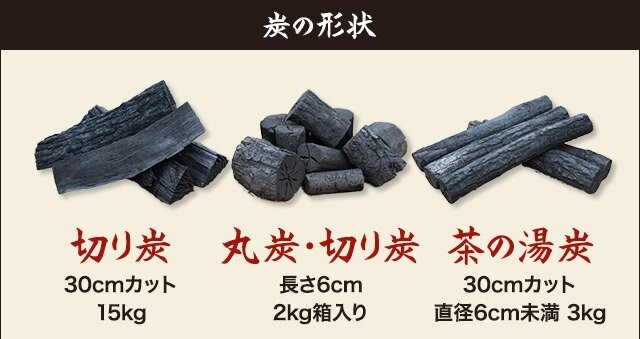 炭の形状〜切り炭（30cmカット）/丸炭・切り炭（長さ6cm、2kg）/茶の湯炭（30cmカット、直径6cm未満、3kg）