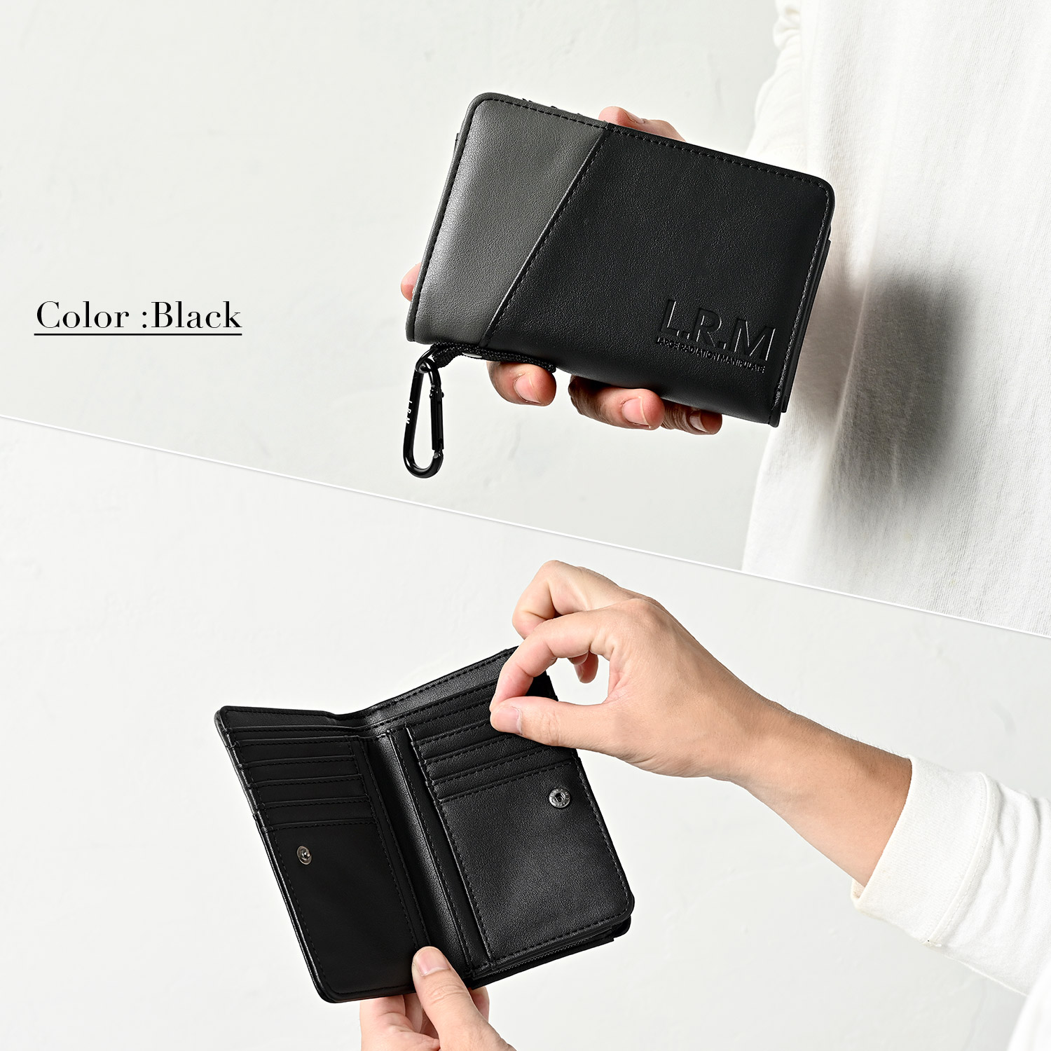 財布 メンズ 二つ折り コンパクト レザー 革 L字 ファスナー カラビナ