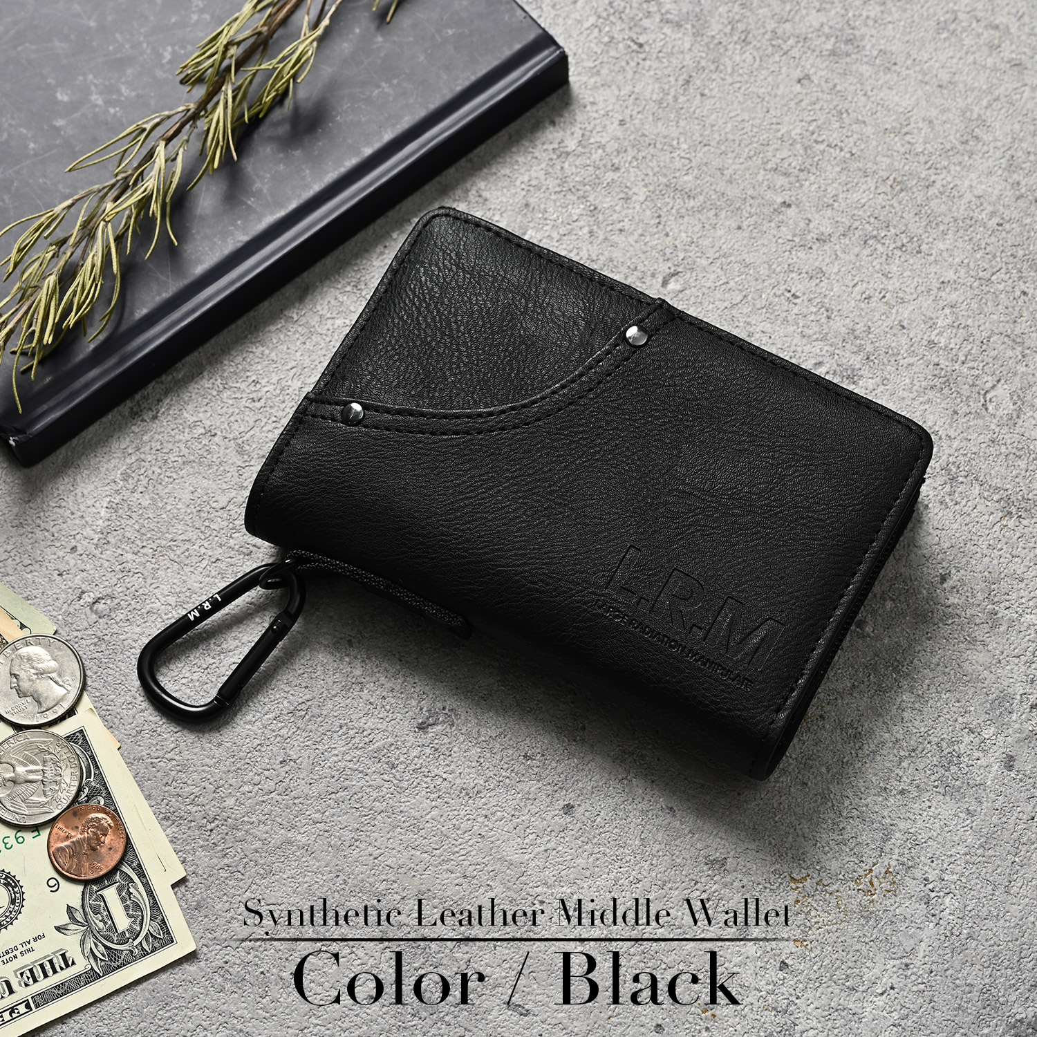 財布 メンズ 二つ折り コンパクト レザー 革 L字 ファスナー カラビナ