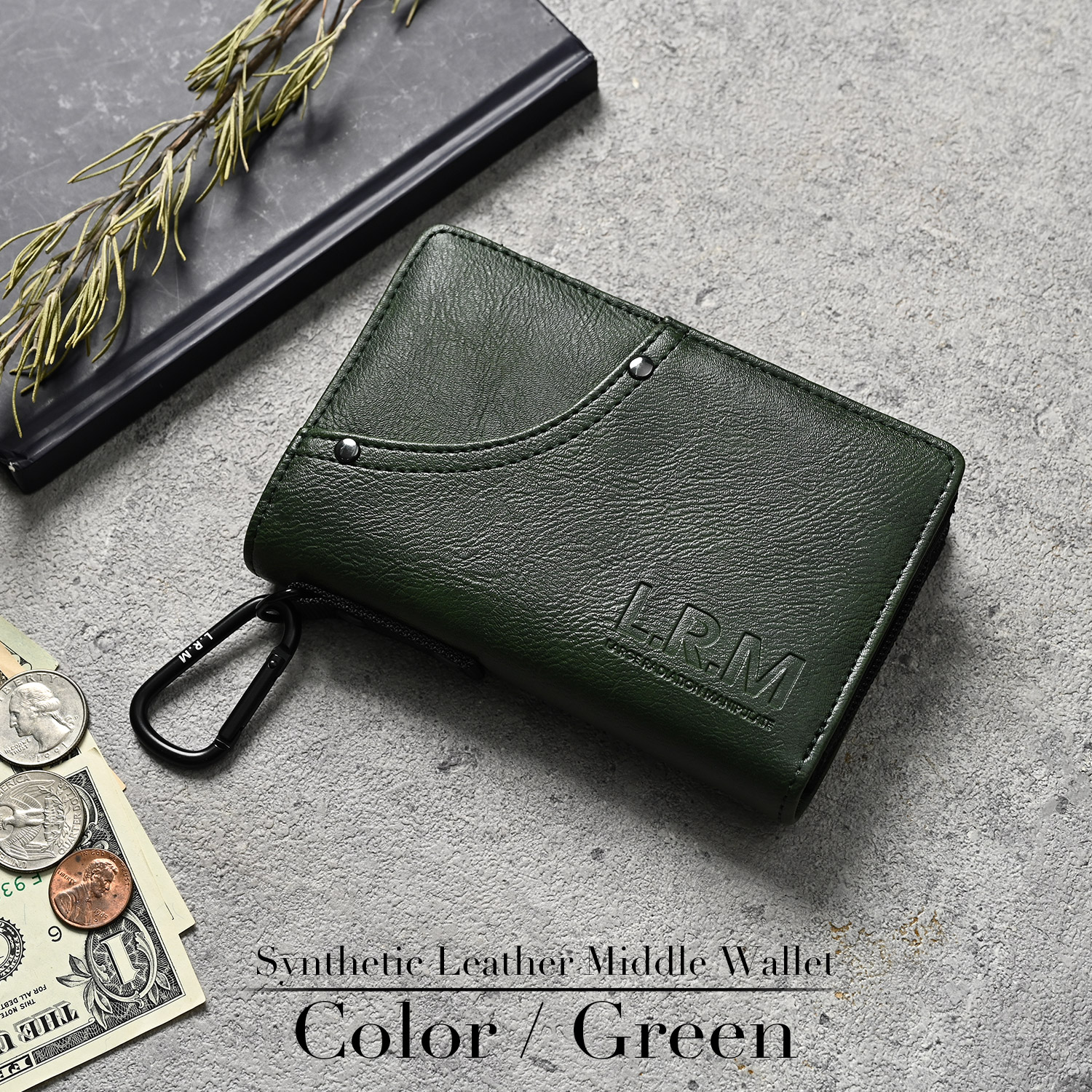 財布 メンズ 二つ折り コンパクト レザー 革 L字 ファスナー カラビナ