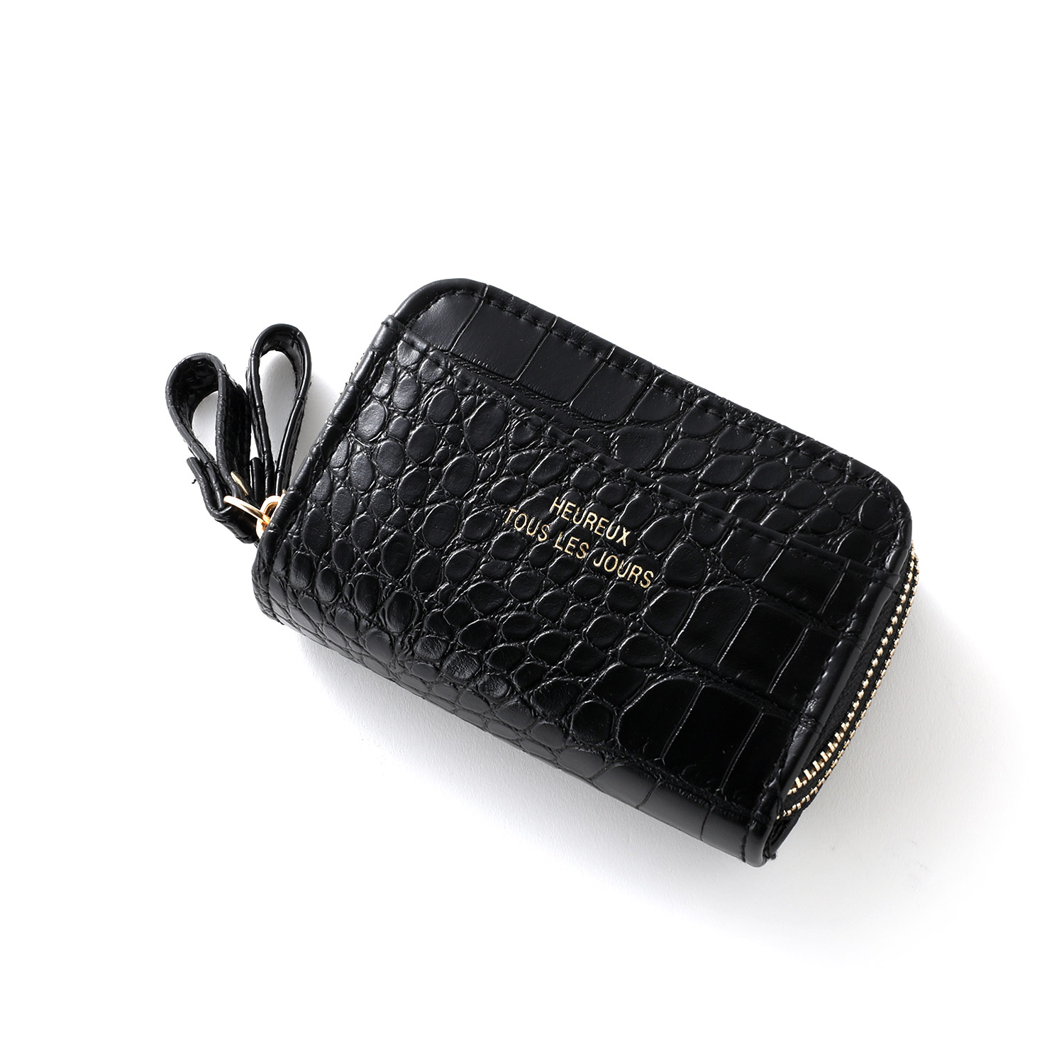 RIA CREATION] クロコダイル風型押し 牛革 5連 キーケース ３つ折り カードポケット付 （紺/白） キーケース レディース 小銭入れ  コインケース お札 カード入れ 6連 レザー 革 クロコ ダブル ファスナー コンパクト 軽量 軽い 使いやすい おしゃれ かわいい