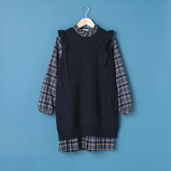 ポンポネットジュニア　チェックシャツワンピース×ケーブルニットベストセット ポンポネットジュニア(pom ponette junior)チェックシャツ