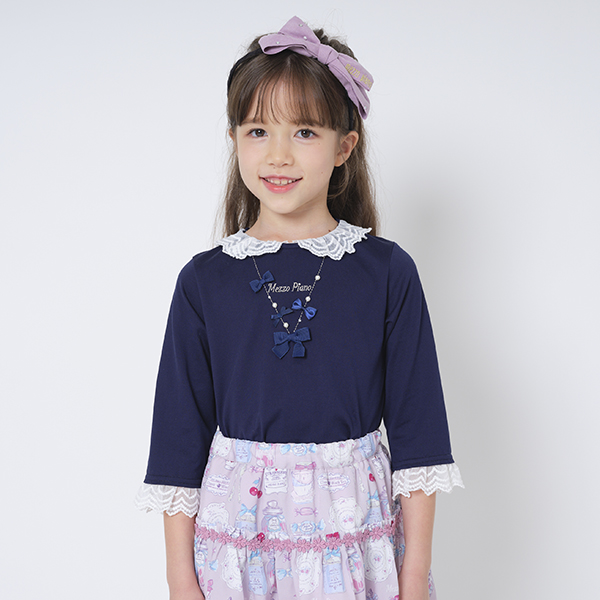 mezzo piano メゾピアノ(mezzo piano)衿＆袖レースリボン7分袖Tシャツ