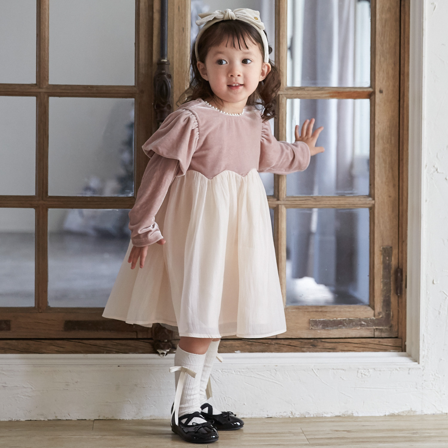 petit main プティマイン(petit main)パフ袖シフォンワンピース【50