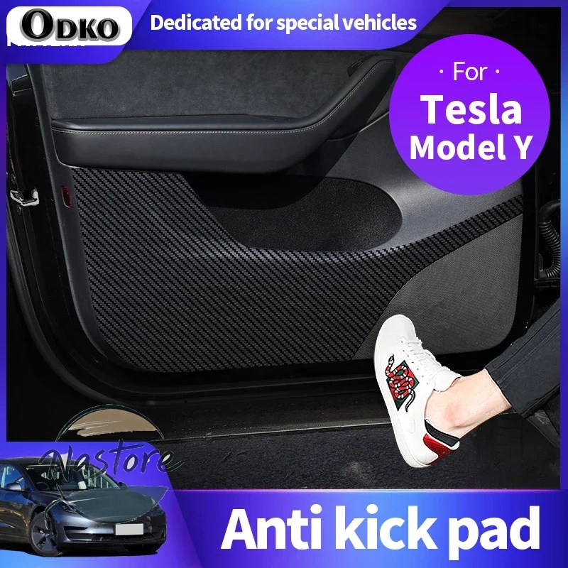 並行輸入品 テスラ tesla カスタム ドアアンチキックパッド 2021 2022 モデル y 革カーボン保護フィルムプロテクターステッカートリムアクセサリーの画像