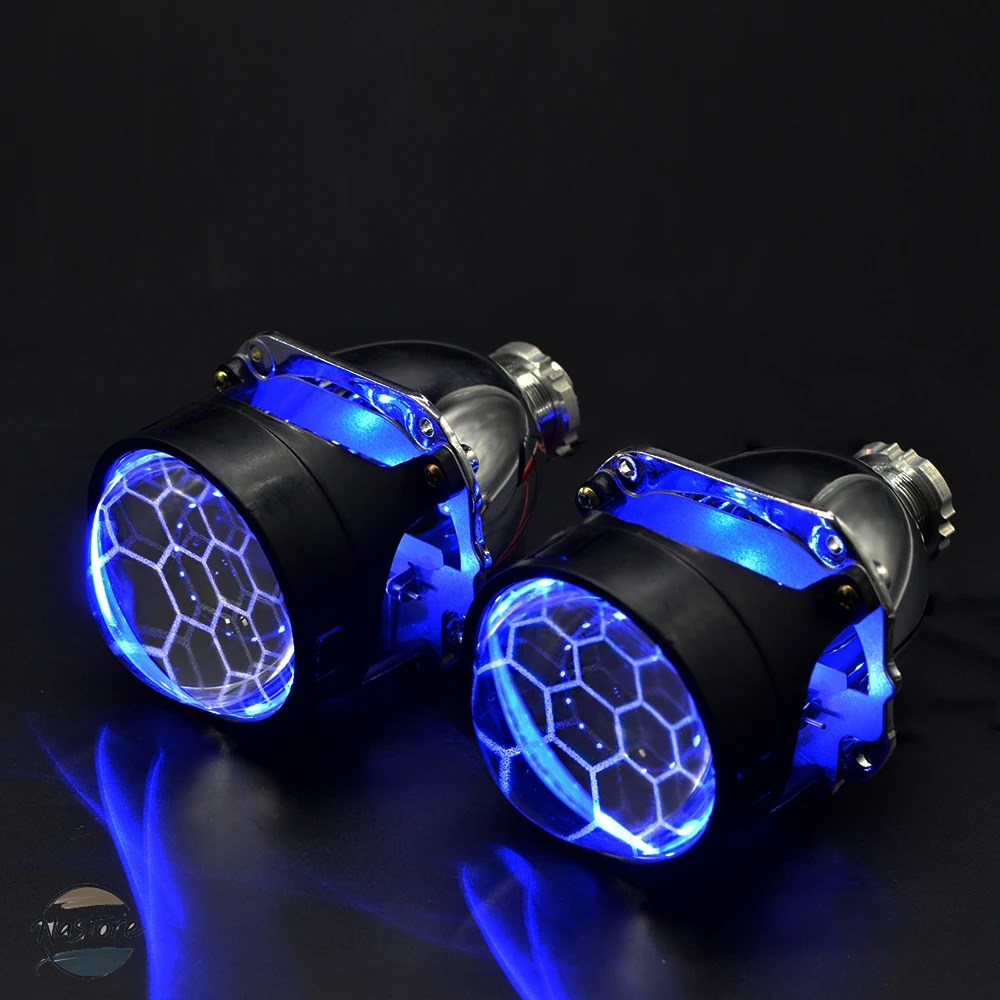 並行輸入品 バイク キット 2個サッカーブルーコーティングチューニング悪魔 ような目でバイキセノンhidプロジェクターレンズ 前照灯h1 h4 h7車組立 部品の画像