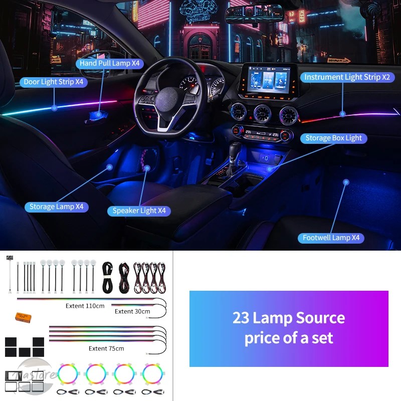 並行輸入品 ユニバーサルシンフォニーカー LED アンビエントライト 64 RGB カラー車内アクリルライトガイド装飾雰囲気ライト 19/23/インチ 1の画像