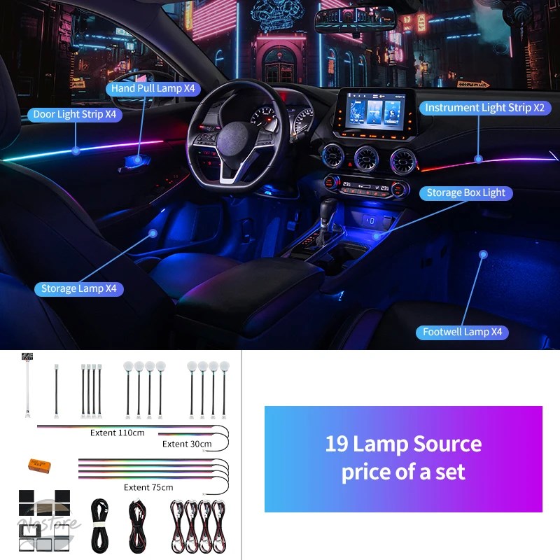 並行輸入品 ユニバーサルシンフォニーカー LED アンビエントライト 64 RGB カラー車内アクリルライトガイド装飾雰囲気ライト 19/23/インチ 1の画像