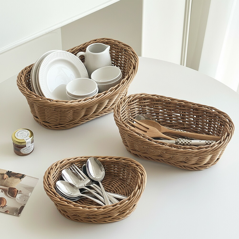 収納 バスケット ラタン調 かご プラスチック 楕円 3サイズ S M L 小物