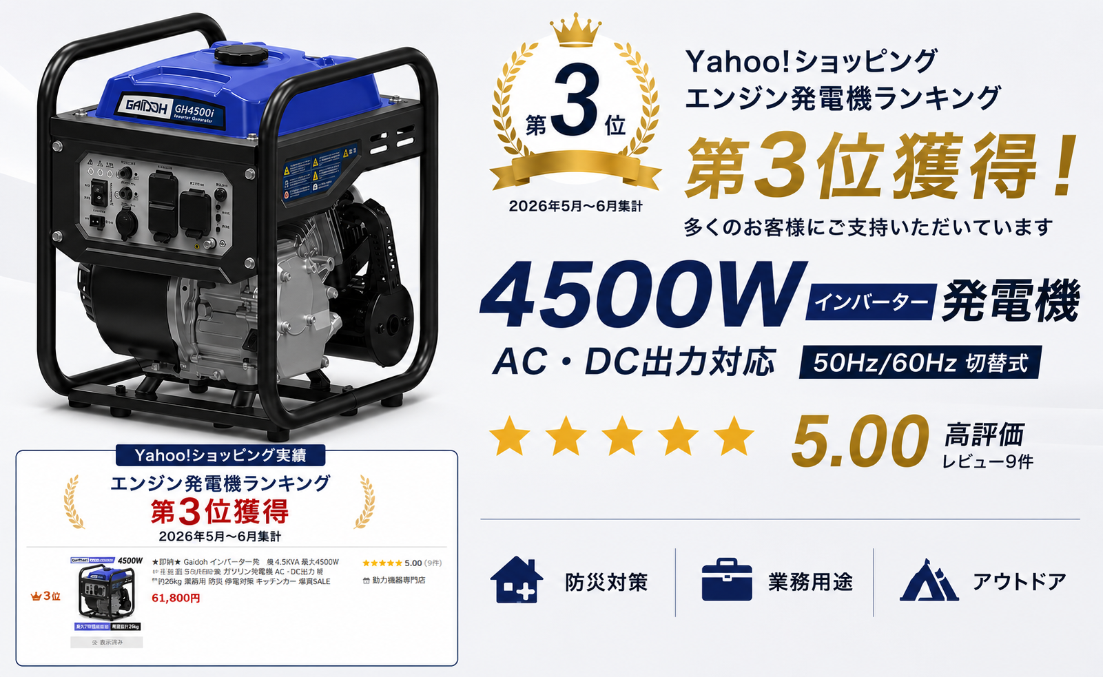 ☆即納☆ Gaidoh インバーター発電機 4.5kVA 最大4500W 純正弦波 50