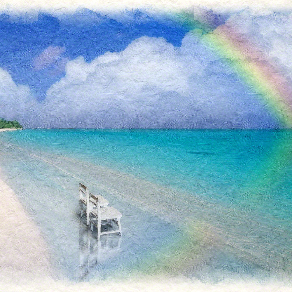 風水 玄関 絵 金運 絵画 トイレ 和紙の絵写真 海 夏 青 ブルー 「虹と珊瑚礁の砂浜と白い椅子」