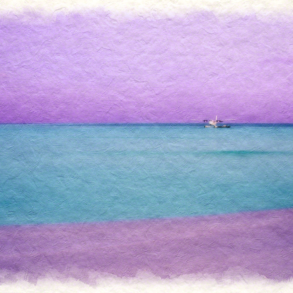 玄関 インテリア 北欧 絵 おしゃれ 風水 絵画 和紙 アートフレーム 額縁付き 海 紫 「珊瑚礁の夕暮れの水上飛行機」｜natum｜03