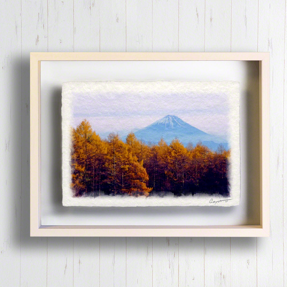 黄色 木 絵 風景画 絵画 和紙の絵写真 玄関 アートフレーム 風水 秋 「富士山と黄葉のカラマツ林」 インテリア 油絵 森 版画 額縁付き -  pintorabrapp.com.br