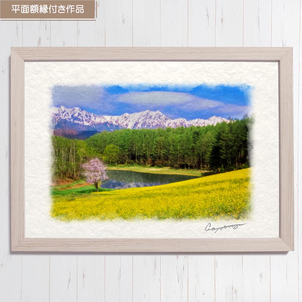 風水 玄関 に 飾る 絵 画 和紙の絵写真 「菜の花と山桜と残雪の