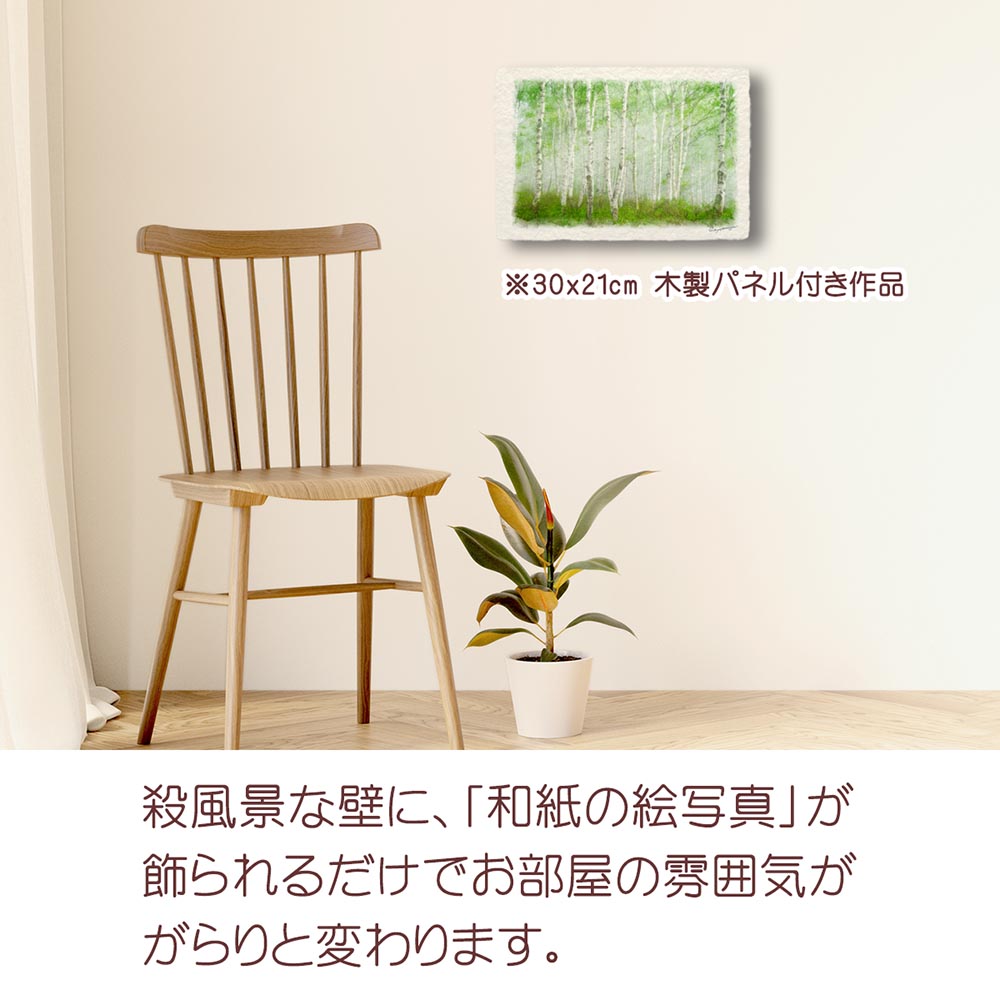 和紙の絵写真 「霧の新緑の白樺林と木漏れ日」 絵画 インテリア 玄関