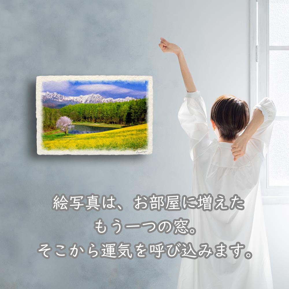 風水 玄関 に 飾る 絵 画 和紙の絵写真 「菜の花と山桜と残雪の山と池