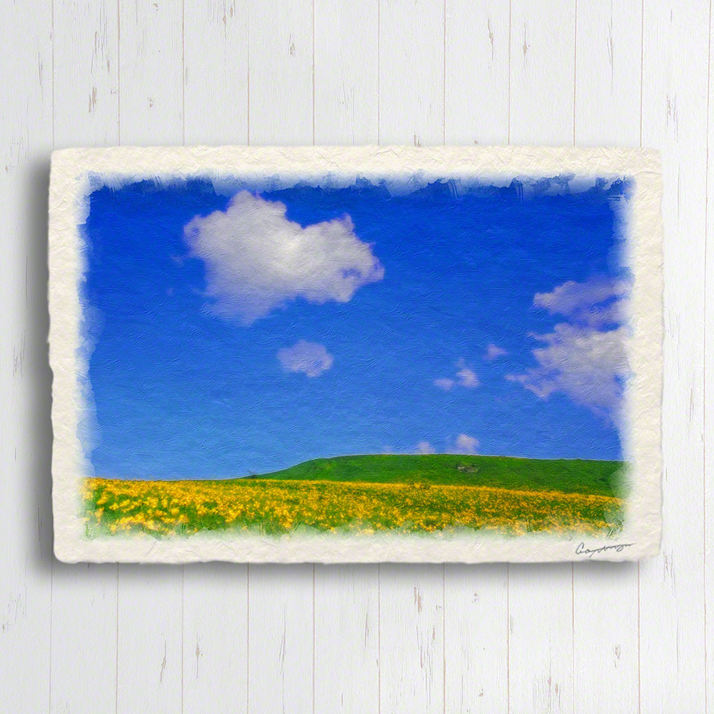 絵画 インテリア 北欧 玄関 風水 絵 風景画 版画 油絵 和紙の絵写真 アートパネル 花 夏 空 青 黄色 「白い雲とニッコウキスゲの丘」