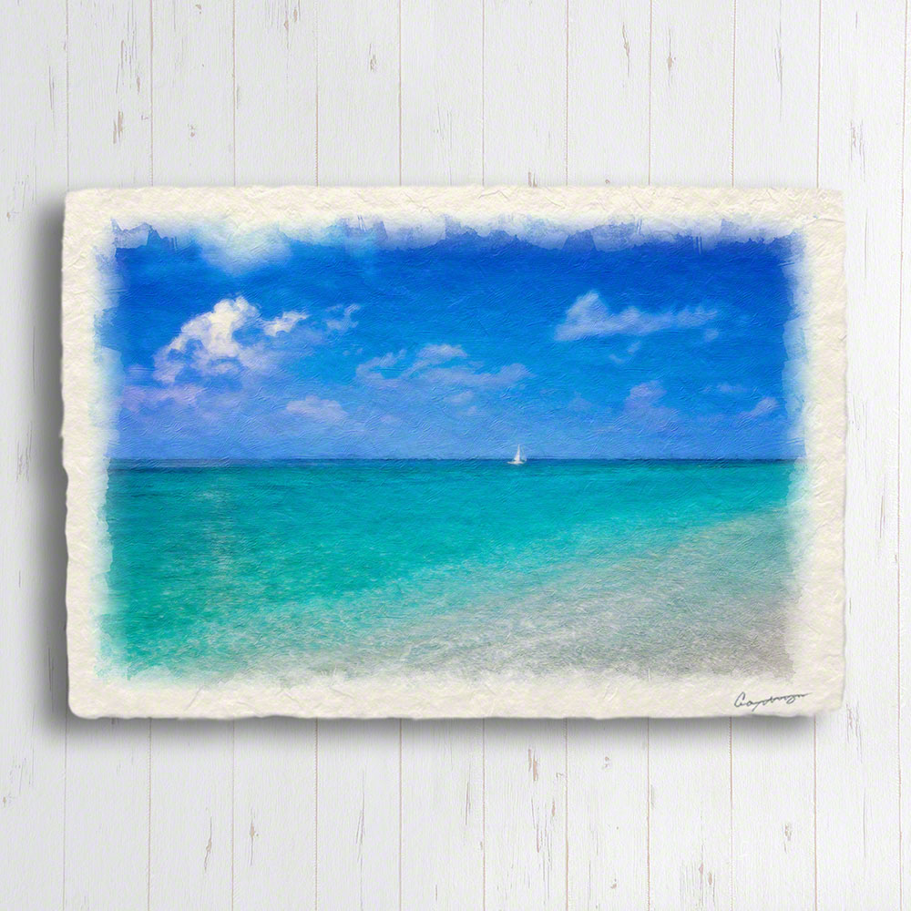 風水 玄関 絵 金運 絵画 トイレ 和紙の絵写真 海 夏 青 ブルー 「ヨットと珊瑚礁の波打際」