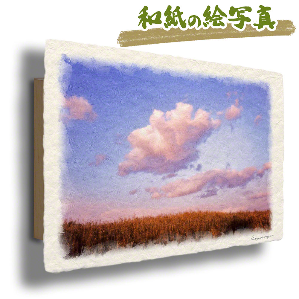 絵画 インテリア 北欧 玄関 風水 絵 風景画 版画 油絵 和紙の絵写真 アートパネル 空 紫 「草原に浮かぶ夕焼け雲」