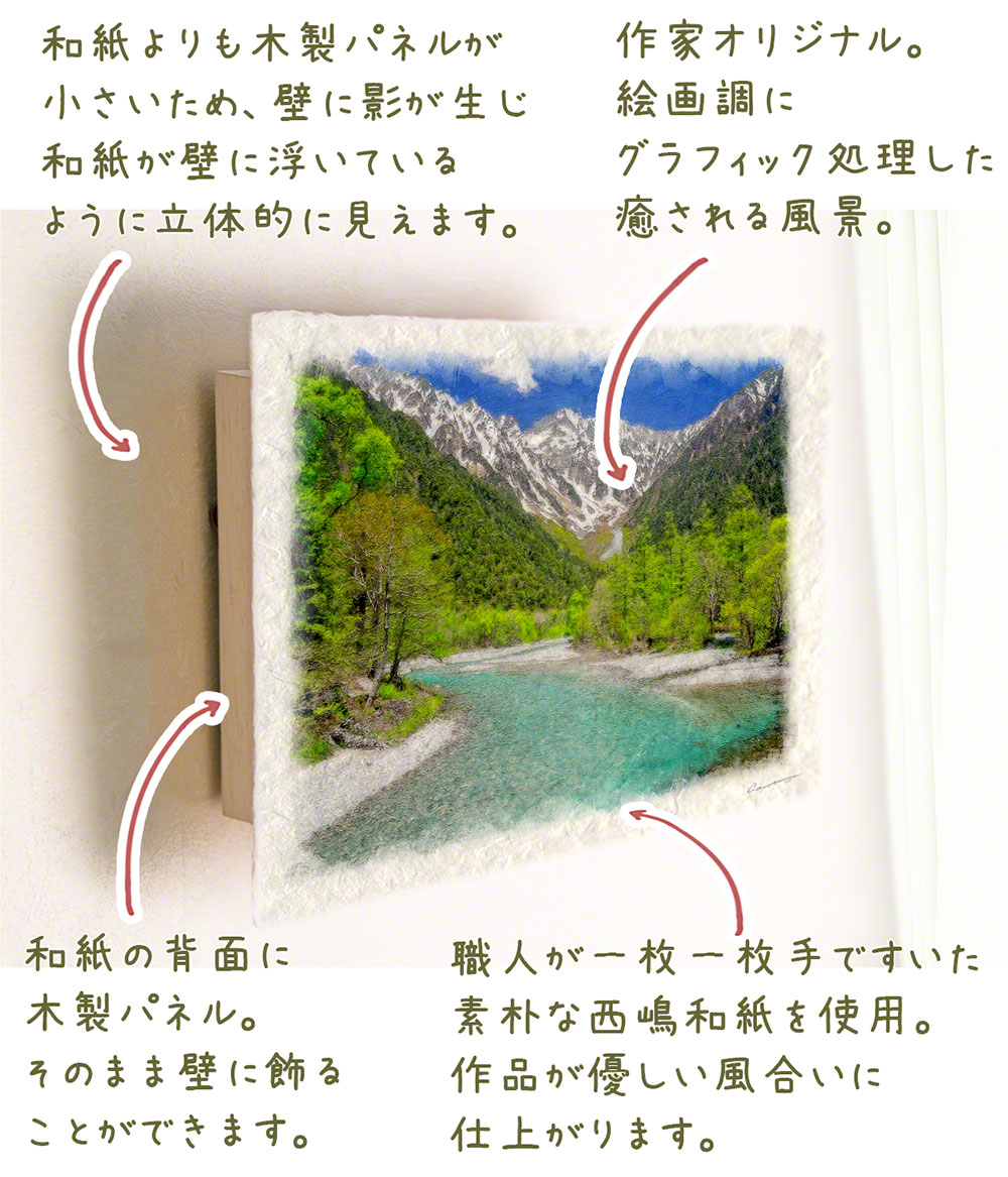 絵画 インテリア 北欧 玄関 風水 絵 風景画 版画 油絵 和紙の絵写真 アートパネル 夏 緑 高原 川 山 「新緑の上高地と残雪の穂高連峰」