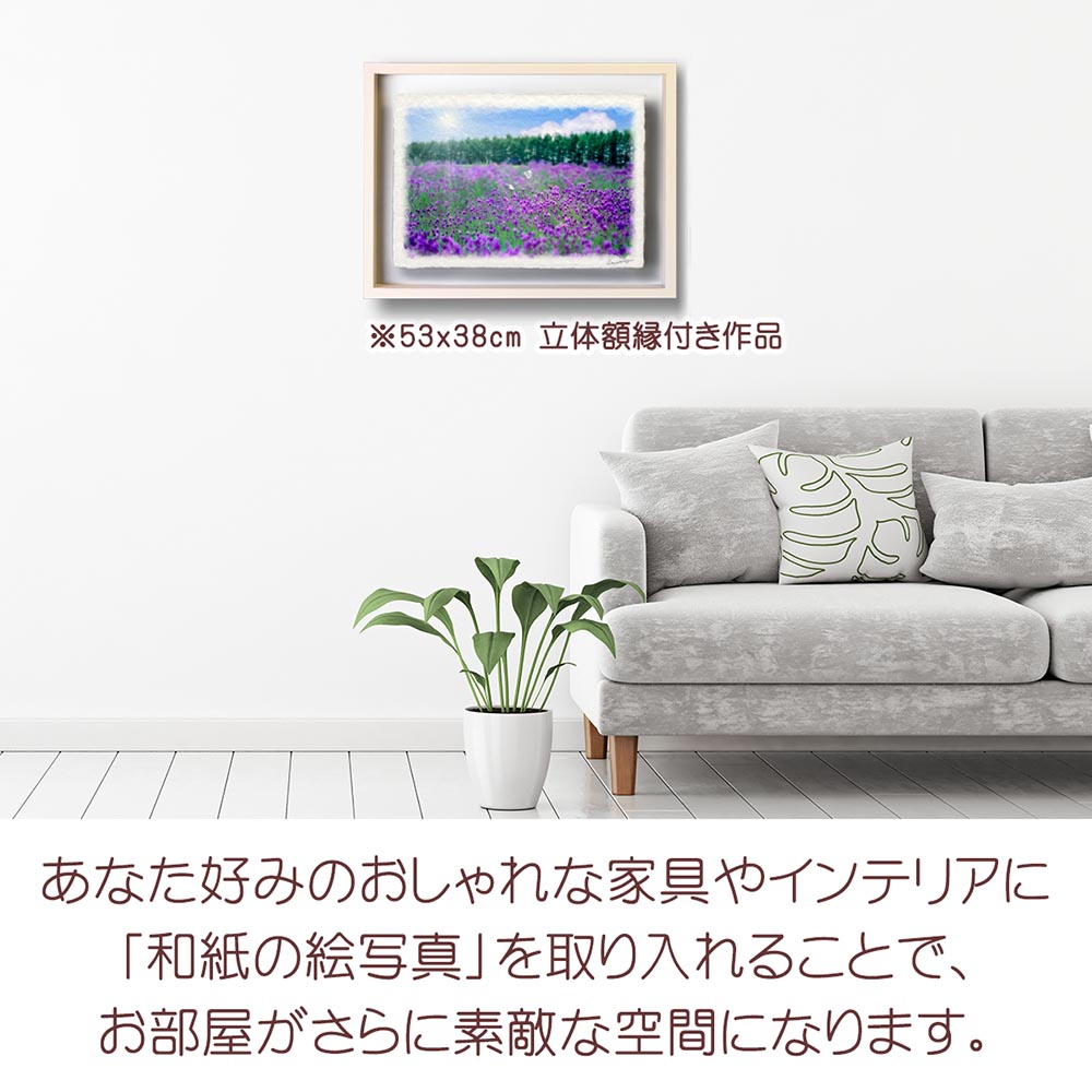 和紙の絵写真 「太陽とラベンダー畑のモンシロチョウ」 絵画
