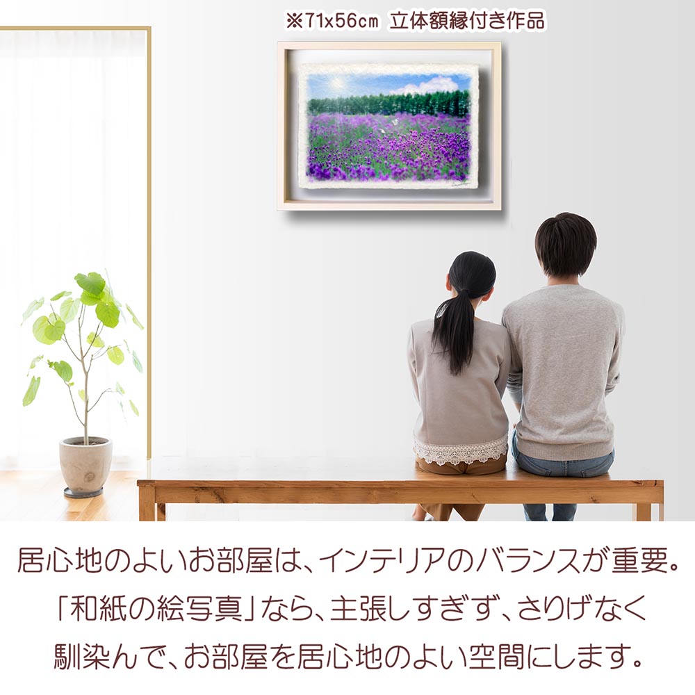 和紙の絵写真 「太陽とラベンダー畑のモンシロチョウ」 絵画