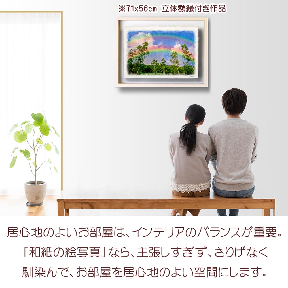 虹の絵 風水 虹の橋 和紙の絵写真 「虹と入道雲と白樺林」 夏 木 森 山