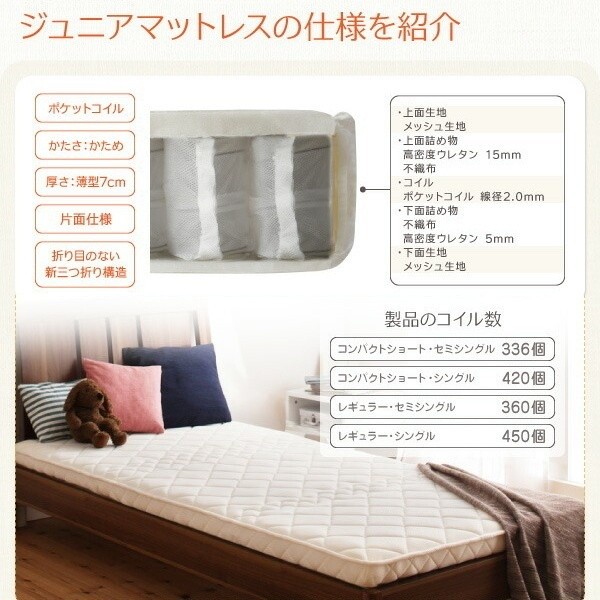 ジュニア 三つ折り 薄型 ポケットコイル マットレス セミシングル 単品