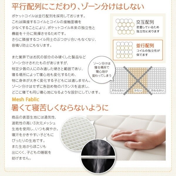 ジュニア 三つ折り 薄型 ポケットコイル マットレス セミシングル 単品