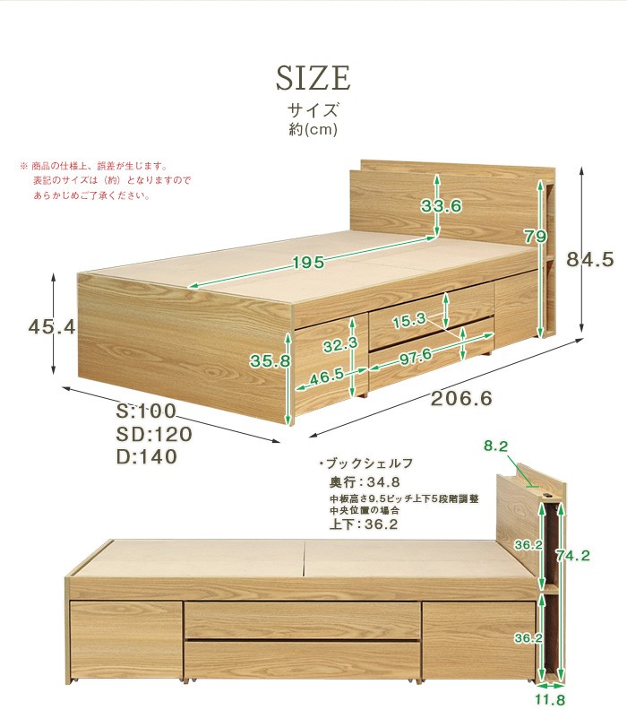シングル ベッド 収納ベッド ベッドフレーム 収納 ブックシェルフ 2口