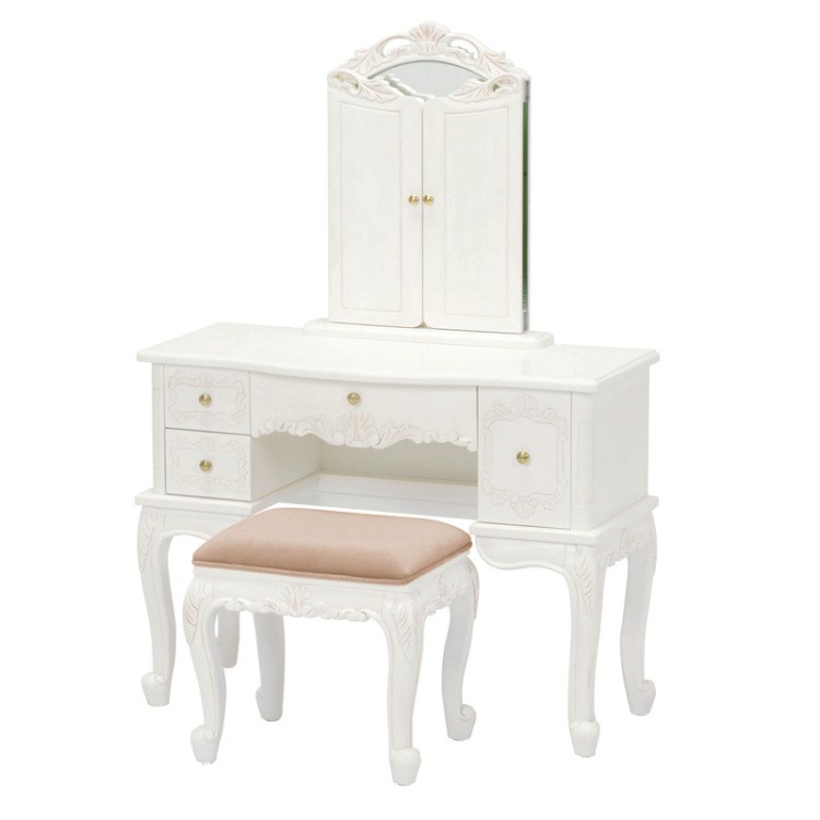 アンティーク調 三面鏡 ドレッサー スツール セット 猫脚 彫刻 鏡台 3