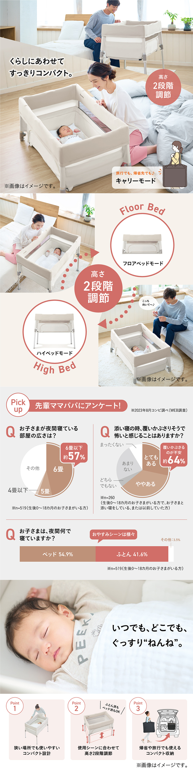 コンビ すくすや トモネル ベビーベットコンパクト ミルキーベージュ 専用バッグ付き 折りたたみ 持ち運び 寝室 リビング ベビーベッド ベビーサークル