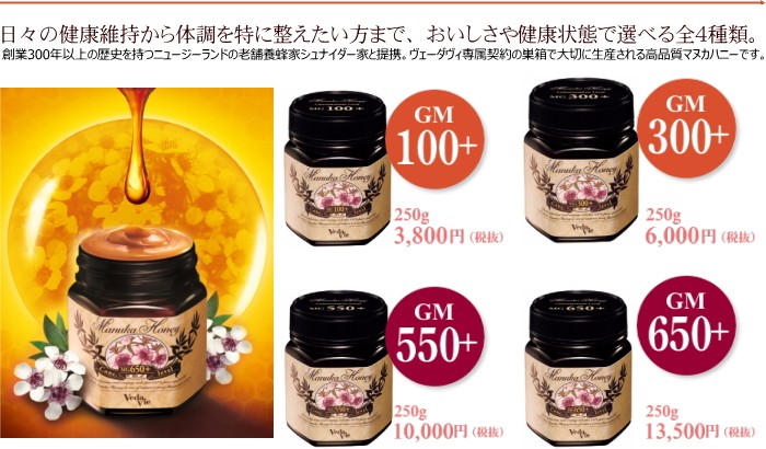 マヌカハニーはヴェーダヴィから４種類。＋２０以上でMG100、MG300、MG550、MG650