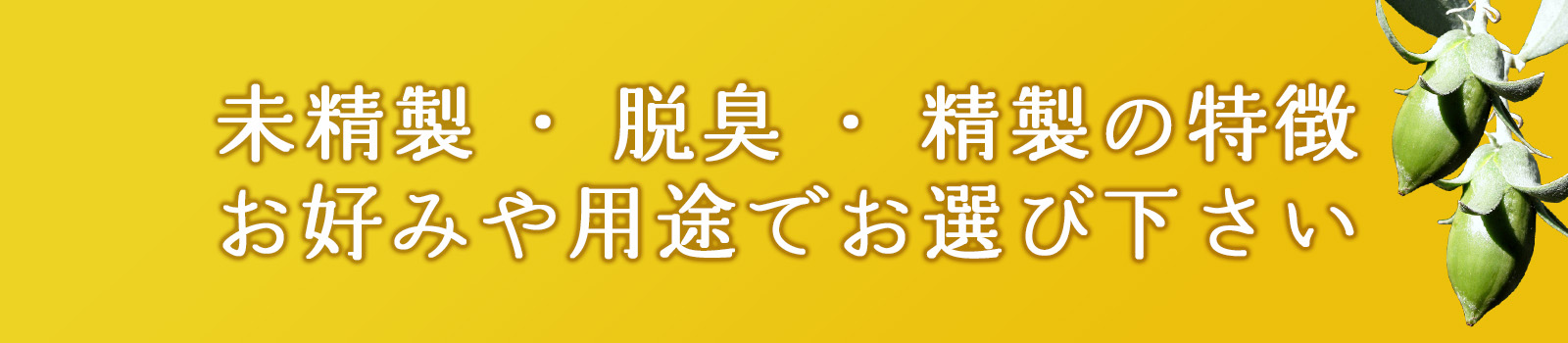 未精製・脱臭・精製の特徴 お好みや用途でお選び下さい