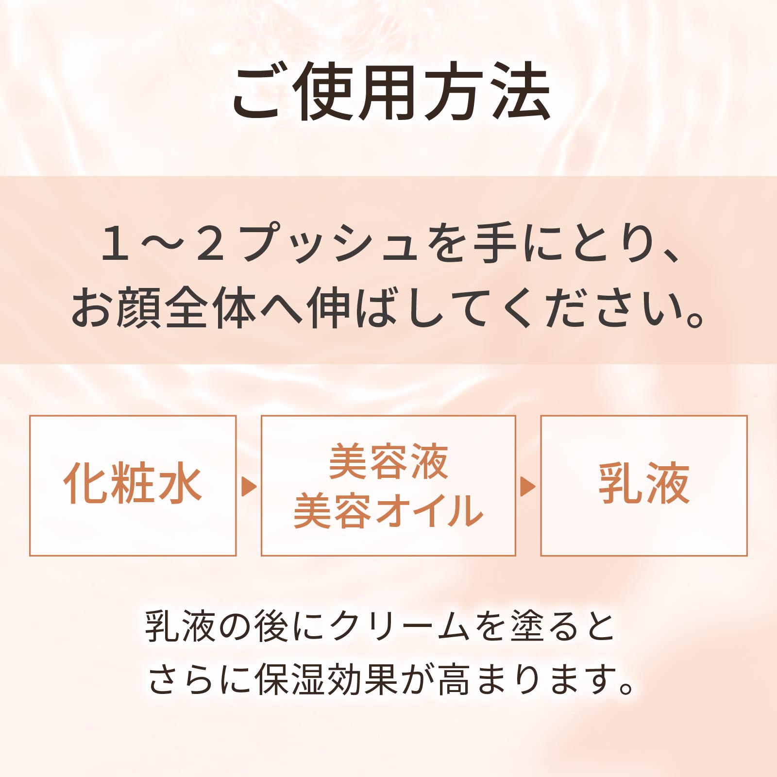 ご使用方法。1〜2プッシュを手にとり、お顔全体へ伸ばしてください。化粧水→美容液、美容オイル→乳液の順でご使用ください。