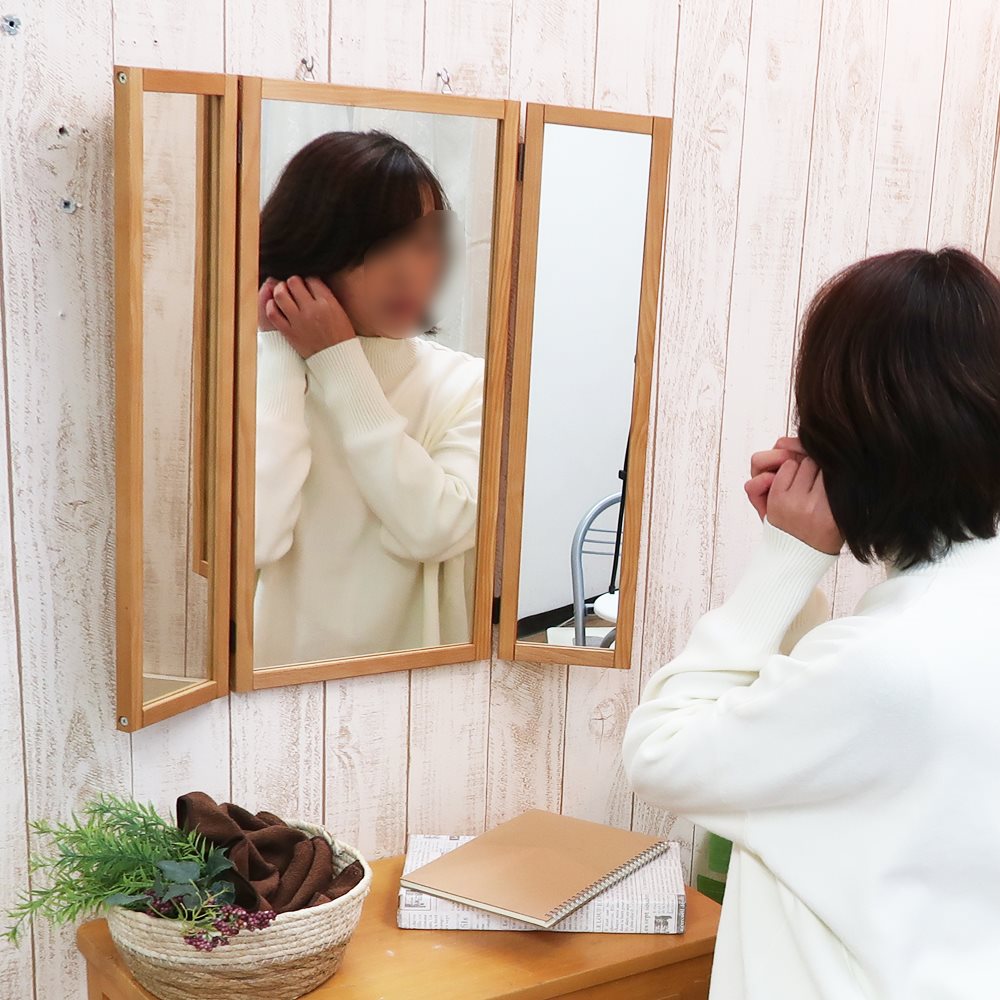 三面鏡 壁掛け 姿見 日本製 木製 姿見鏡 ドレッサー ウォールミラー