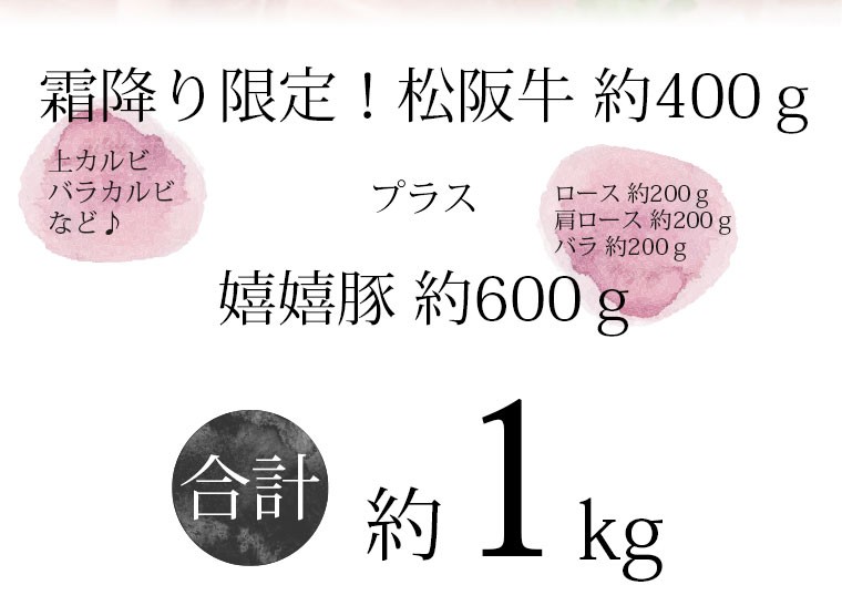 霜降り限定！松阪牛約400ｇ　プラス　嬉嬉豚約600ｇ　合計約1kg