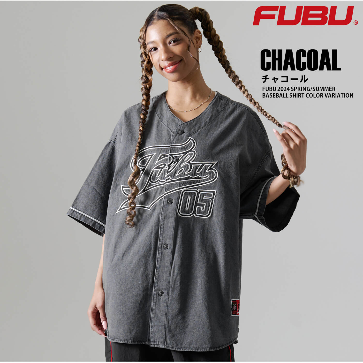 P5倍FUBU フブ ベースボールシャツ 半袖 デニム 綿100 ロゴ刺繍 メンズ