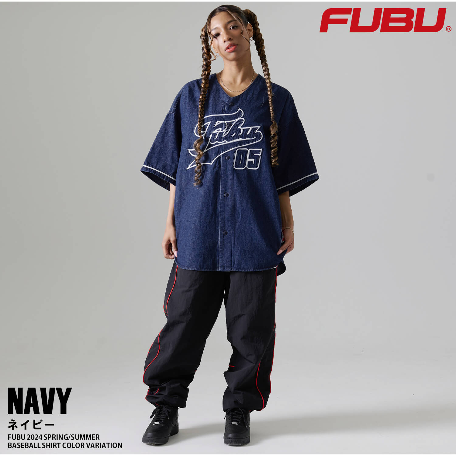 P5倍FUBU フブ ベースボールシャツ 半袖 デニム 綿100 ロゴ刺繍 メンズ